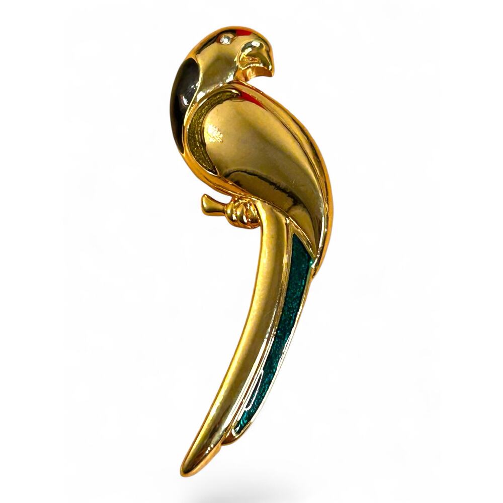 Vintage Liz Claiborne Gold Tone Parrot Brooch Green Enamel Rhinestone Eye